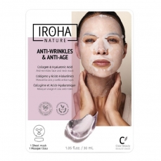 Odos senėjimą stabdanti veido ir kaklo kaukė Iroha Cotton Face and Neck Mask Collagen su kolagenu ir hialuronu, 30 ml.